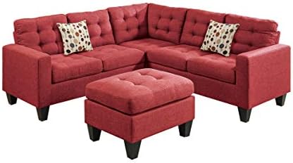 Poundex Bobkona Norton Linen-Like 4 Piece Sectional with Ottoman Set, Carmine