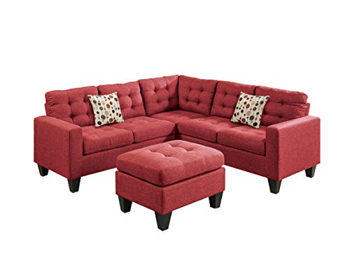 Poundex Bobkona Norton Linen-Like 4 Piece Sectional with Ottoman Set, Carmine