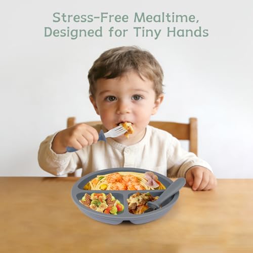 image for Eascrozn Toddler Plates, 3 Pack Divided Baby Plates with Suction, Food