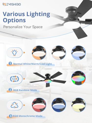 Image of ZMISHIBO 42 Inch RGB Ceiling Fan with Light, Remote&App Control,Flush Mount | Low Profile, Dimmable 20W LED Light, Quiet Reversible Motor, Strong Airflow, Easy Install for Bedroom /Living Room /Apt, Black