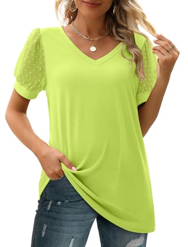 Image of Aokosor Womens Summer Tops V Neck T Shirts Swiss Dot Puff Sleeve Tops Loose Casual Tshirts