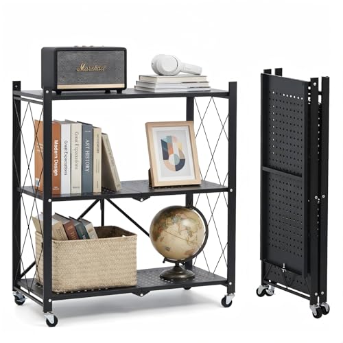 3 Tier Foldable Storage Shelves with Wheels Metal Collapsible Organization Storage Rack No Assembly Folding Bookshelf Rolling Storage Rack for Kitchen Bedroom Pantry Garage Display Black