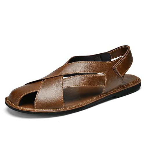 Men's Genuine Leather Hook Loop Fisherman Sandals Hollow Out Breathable Lightweight Slip On Closed Toe Summer Casual Flat Sandals for Driving Walking Beach Shoes