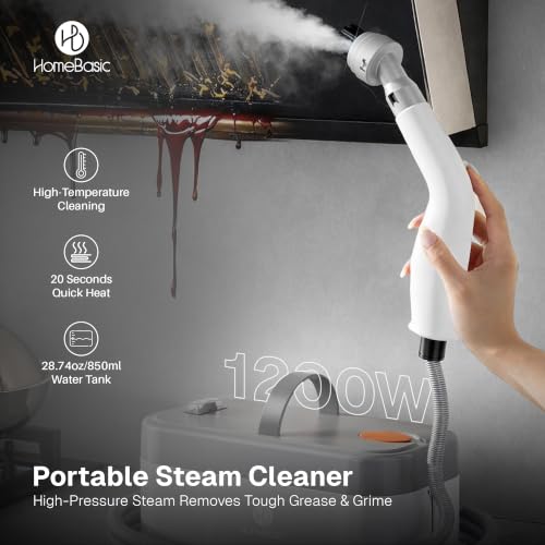 Image of HomeBasic Steam Cleaner 1200W | Portable Handheld Steam Cleaning Machine with 850ml Tank, 2M Hose & 5 Brush Attachments | Kitchen Bathroom Tile Grout Car Spot & Deep Cleaner (220V, 50Hz)