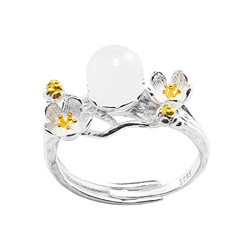 Bague ajustable fleur de prunier en jade et argent de style chinois traditionnel chic