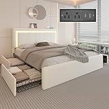 Queen Size Bed Frame with 4 Storage Drawers and LED Lights, Upholstered Platform Bed with Adjustable Headboard and Charging Station, Metal Slats Support, No Box Spring Needed,Easy Assembly, White