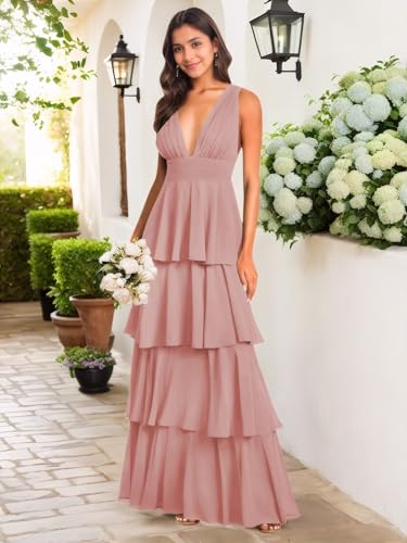 BONOYUER Tiered Ruffles Bridesmaid Dresses Long for Wedding A Line V Neck Chiffon Formal Evening Dress2