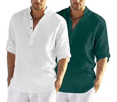 Image of FINIVO FASHION Men's Cotton Blend Solid Full Sleeve Combo Short Kurta Shirt, Regular Fit Solid Pattern Mandarin Collar Straight Kurta Shirt