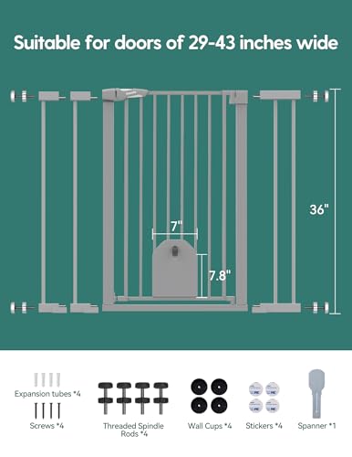 Image of Babelio 36 inch Tall Baby Gate with Adjustable Cat Door, CatPrivilege I, 29-43 inch | Auto Close, Safety Gate for Stairs, Easy Walk Thru with Pet Door, Includes 4 Wall Cups and 3 Extension Pieces, Gray