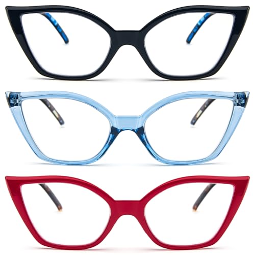 DXYXYO Cat Eye Reading Glasses for Women 3 Pack Anti Blue Light Computer Readers Stylish Retro with Spring Hinge