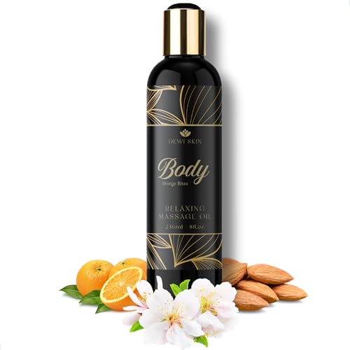 DEWI SKIN Massage Oil & Moisturizer - 8 oz Vegan Sweet Almond, Jojoba, Argan & Vitamin E Oil for Skin Firming, Moisturizing, Smooth Skin Appearance, & Relaxation - Sweet Orange