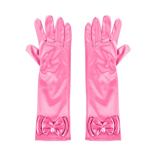 Qnprt Long Satin Formal Gloves,Kids Size Full Finger With Pearl Bowknot For Girls Children Wedding Dress Evening Party Pageant,Elbow Length 10Bl thumb #1