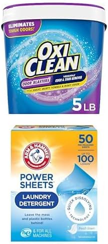 Bundle of OxiClean Odor Blasters Versatile Odor and Stain Remover Powder, 5 lb + Arm & Hammer Power Sheets Laundry Detergent, Fresh Linen 50ct, up to 100 Small Loads (Packaging may vary)