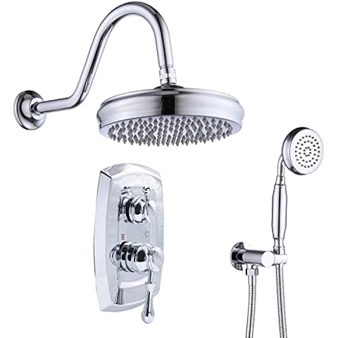 Delnet Antique Shower Mixer Set Concealed Brass Vintage Chrome 8 Inch Wall Mounted Rain Shower Head System with Handheld Complete Shower Faucet Set Cover