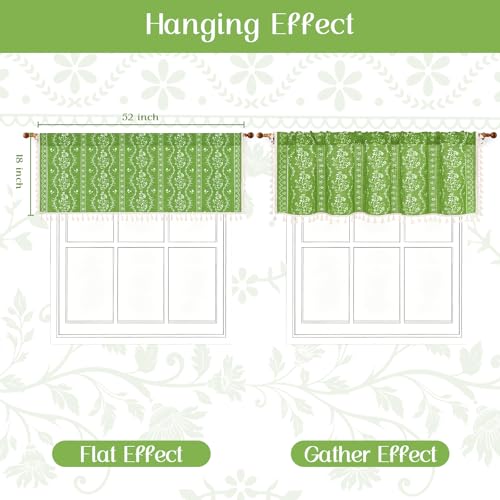 Image of Yinhua Boho Valance Curtains Vintage Linen Green Kitchen Valances for Windows Light Filtering Bohemian Floral Valance Rod Pocket Farmhouse Tassel Window Valances for Bathroom Cafe, 52 inch W X 18 inch L