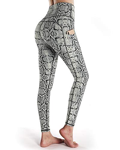 OUGES Womens High Waist Pockets Yoga Pants Running Workout Print Leggings(Python-C,S)