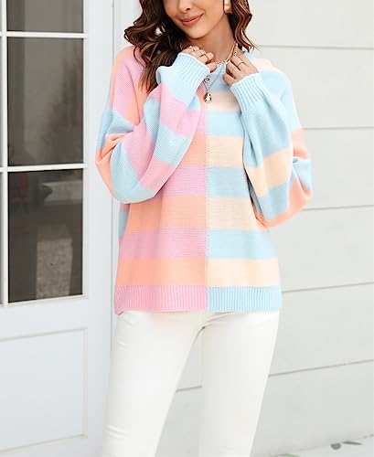Image of chouyatou Women's Casual Crew Neck Color Block Striped Patchwork Knitted Pullover Sweater Tops