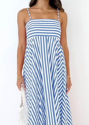 Image of Women Striped Maxi Dress Smocked Backless Spaghetti Strap Long Flowy Dress Sleeveless Boho Aline Sundress
