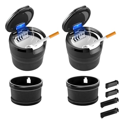 Image of 2 PCS Car Ashtray with Lid, Detachable Auto Smokeless Ash Tray with LED Blue Light, Portable Ashtray for Vehicle Cup Holder and Air Vent Home Office, Interior Car Accessories (Black)