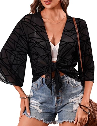 Image of Totatuit Women's Short Cardigan Bolero Sheer Shrug Tie Open Front Bell Sleeve Summer Cropped Bolero Cardigan