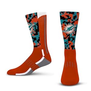 For Bare Feet NFL Men Women Team Color Logo Game Day Digi Mashup Performance Warm & Cold Weather Comfort Crew Sock (Miami Dolphins – Orange, Adult Medium)