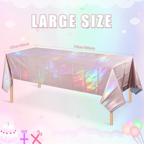 Image of 3 Pack Iridescent Light Pink Tablecloth for Parties, Pastel Pink Holographic Plastic Table Cover, Disposable Laser Baby Pink Table Cloth for Birthday Wedding Baby Shower Party Decorations, 54x108 Inch