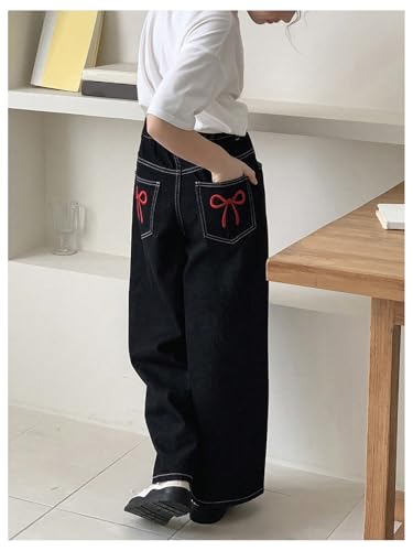 OYOANGLE Girl's Bow Embroidery Straight Leg Jeans Elastic Waist Solid Denim Pants with Pockets4