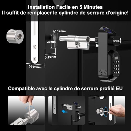Serrure connectée WELOCK U81 empreinte digitale et code pour cylindre 30/30