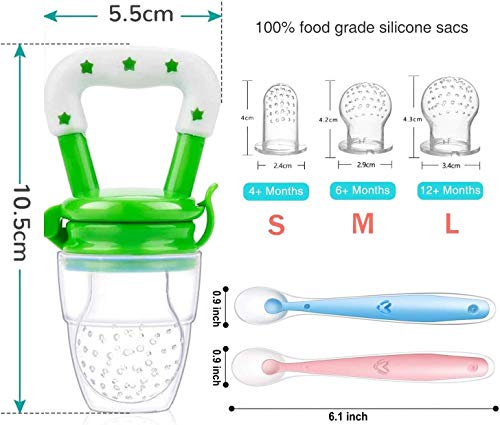 11 Pack Baby Food Feeder Set, Baby Fruit Feeder Pacifier Fresh Food Feeder with 3 Sizes Silicone Pouches, Infant Fruit Teething Toy Includes 3 Baby Finger Toothbrushes and 2 Baby Feeding Spoons