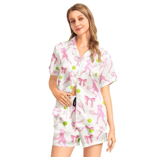 Image of Funny Pajamas for Women Set Print Satin Loungewear Pjs Short Sleeve Button Down Top and Shorts Sets Sleepwear XS-3XL