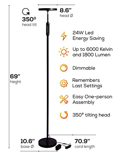 Kenley Daylight Led Floor Standing Lamp - Tall Modern Reading Task Uplight - 24W Adjustable Warm Cool Super Bright Natural Light Torchiere For Living Room, Dorm, Bedroom Or Office - Dimmable - Black #TOP1