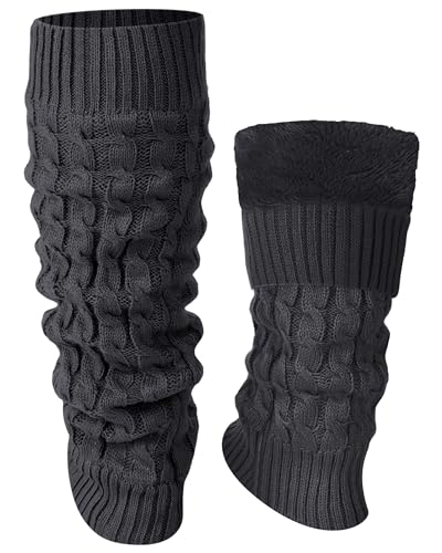 Shihanee Winter Fleece Lined Leg Warmers for Women Knit Long Leg Warmers Warm Fleece Lined Boot Socks for Skating Daily Wear(Dark Grey,Cable Knit Pattern)