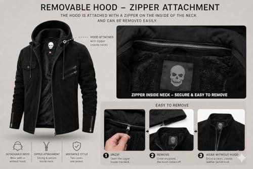 Image of Blaq Ash Men's Suede Biker Jacket, Black, with Removable Hood, Fleece Lined, Zip Closure