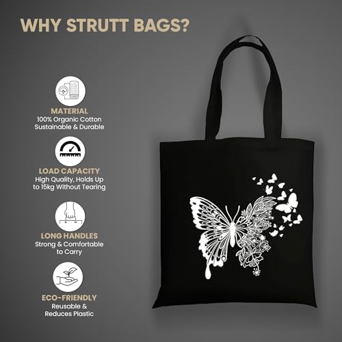 Image of STRUTT Foldable Canvas Tote Bag for Women, Tote Bag for College Girls, 100% Organic Cotton Reusable Shopping Bag for Grocery, Eco-Friendly Multi-Purpose Bag for Travel & Daily Use - White Butterfly