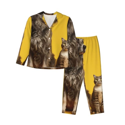 Pyjama classique pour femme vêtement de nuit doux manches longues noir motif chat et chien chic