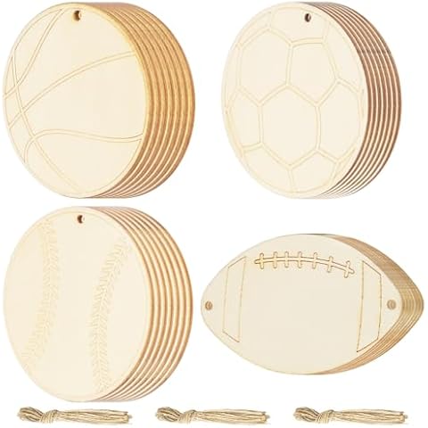 Tmflexe 40Pcs Sport Ball Games Unfinished Wooden Football Basketball Baseball Soccer Rugby Ornaments DIY Craft Paintable Blank Cutouts Hanging Wood Slices for Bowl Game Birthday Party Decor Supplies Cover