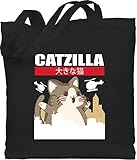 Baumwolltasche - Anime Merch Manga Deko - Catzilla - Big Cat- weiß/rot - Unisize - Schwarz - katzenbeutel geschenk+anime cat stoffbeutel einkaufstasche katzenmotiv katze stofftasche - WM101