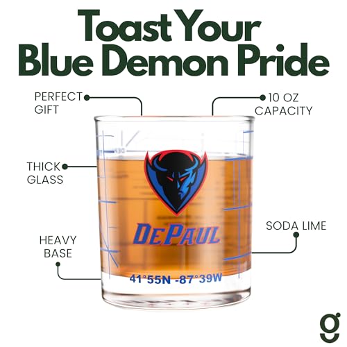 Image of Greenline Goods DePaul University Blue Demons Whiskey Glasses Set of 2, 10 oz Rocks Glasses with Full-Color Logo & Campus Map - Officially Licensed Bourbon Glass Gift for Alumni & Fans