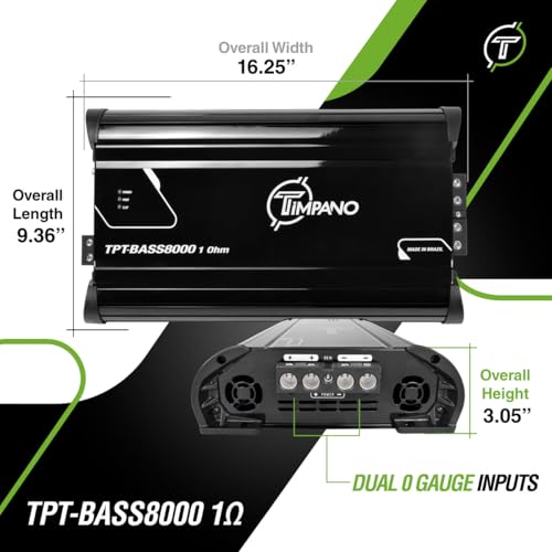 Image of Timpano 8000 Watts Mono Subwoofer Car Audio Amplifier TPT-BASS8000 1 Ohm - 12 Volts 8K Monoblock Class D Car Amp, Built-in Crossover & Bass Boost with Smart Fans