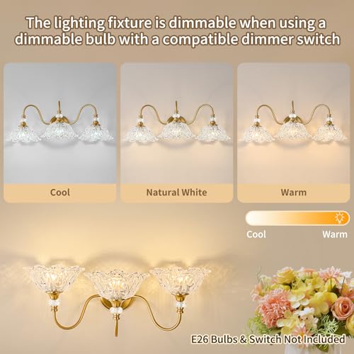 Image of Gold Bathroom Vanity Light, 3-Light Brushed Gold Finish Vanity Light with Floral Clear Glass Shades, Retro Wall Mount Lighting for Bathroom, Dressing Table