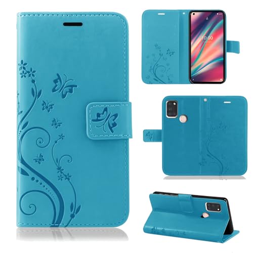 betterfon Étui de protection, compatible avec Wiko View 5/View 5 Plus, en cuir synthétique, portefeuille, pour View 5/View 5 Plus, motif de fleurs, bleu