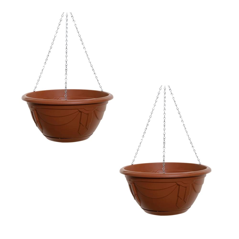 PHG Delicate Flower and Herb Plastic Hanging Basket | Large Garden Basket | Classic Plant Saucer | Wicker Hanging Basket | Easy Fill Hanging | Outdoor Planter | 32 cm (Pack of 2, Terracotta)