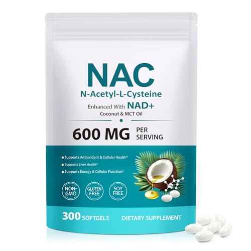 NAC N-Acetyl-Cysteine 600mg 300 Softgels NAC Supplement with NAD+ & MCT Oil | N-Acetyl Cysteine with Coconut Oil Vegetarian Capsules for Antioxidant Supports Liver & Energy Non-GMO Gluten Free
