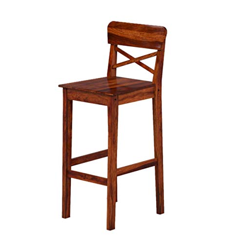 Image of Solid Sheesham Wood Bar Chair Set of 2 | Wooden Bar Stool for Kitchen Counter, Breakfast Table, Cafe & Home Bar | Cross Back Tall Chair with Footrest | Honey Natural Finish