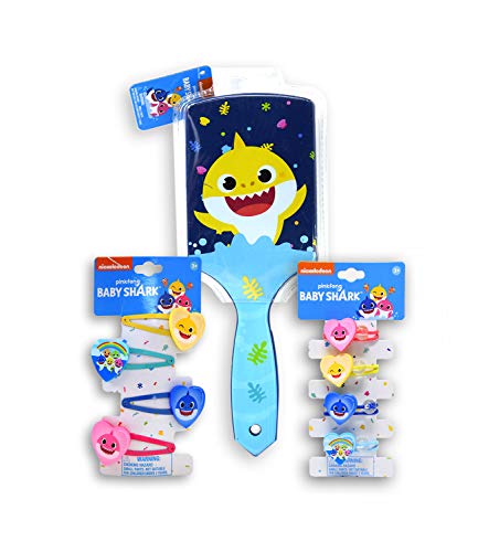 Pinkfong Baby Shark Hair Set - Shark Family Girls Toy Accessories Total 9 pieces, 4 Hair Ponies, 4 Snap Clips with Blue Paddle Brush