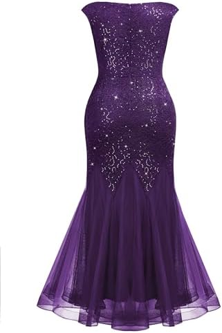 Miusol Women's Plus Size Sequins Lace Tulle Mermaid Hem V-Neck Sleeveless Formal Evening Party Maxi Dress