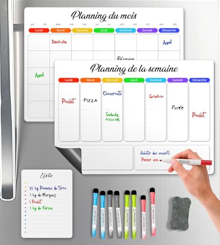 SKYCROO ® Calendrier Magnetique Frigo Blanc x3 + Accessoires - Planificateur Hebdomadaire + Mensuel + Mémo Aimanté Planning Semaine Tableau Magnétique...
