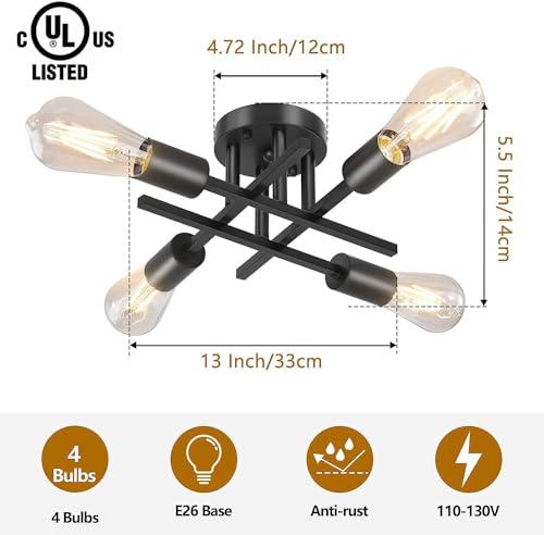 Licperron Vintage Semi Flush Mount 4 Light Ceiling Light with E27 Base Modern Black Chandelier for Farmhouse Kitchen Bedroom - Image 3