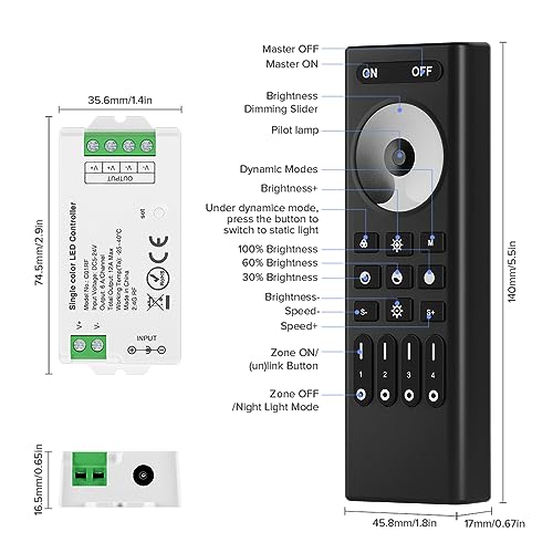 Image of SEZO 2.4G RF Single Color Controller Kit C01RF Controller & RC01RFB 4-Zone Wireless Remote Control Group Control Brightness Adjustable for FCOB 3528 Single Color LED Strip