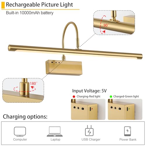 Image of Battery Operated Picture Light with Remote, 24 inch Wireless Rechargeable Art Light with Timer, Dimmable 3CCT Gallery Lighting for Paintings, Portraits, and Canvas (Brass, 23.6inch)
